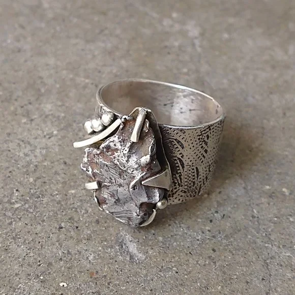 Vintage Sterling Silver Ring Size 12 Meteorite Modern Abstract Avant Garde